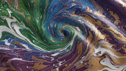 Mesmerizing abstract fluid art background featuring a vibrant swirl of green blue purple gold and white paints creating a dynamic and organic liquid marble effect with a captivating spiral. - Powered by Adobe
