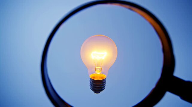 Illuminated bulb centered on blue backdrop, viewed through a dark, ring-shaped object