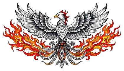 Fototapeta premium A majestic bird rises from flames, wings spread, in a stylized graphic. It features detailed feathering and bright colors