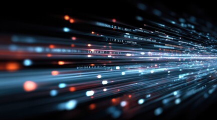 Data streams; blurred lines of blue & orange light in dark background