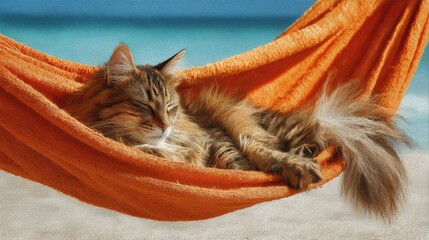 adorable long haired tabby cat enjoying a relaxing siesta in an orange hammock on a sunny beach embodying the ultimate vacation vibe