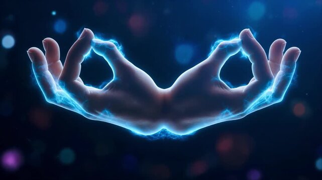 Ultra HD hands holding Akasha Mudra, glowing with a subtle blue digital energy visualization, modern spiritual concept, 4k.