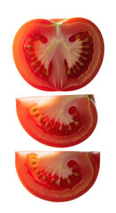 Sliced tomato with cross section detail and wedge pieces on transparent background