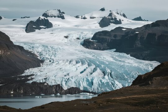 Glacial landscape with ice formations and snow-capped mountains near a calm lake - Powered by Adobe