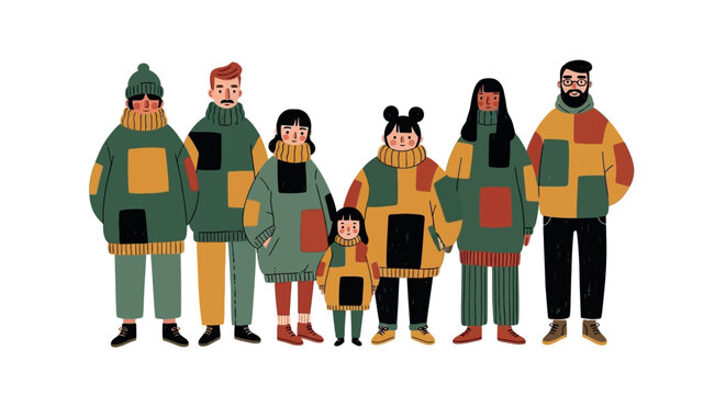 colorful group of people wearing matching patchwork sweaters standing together illustration