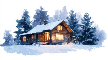 watercolor style cozy winter cabin covered in snow warm lights in windows surrounded by pine trees  isolated on white high resolution illustration hygge christmas vibe hd