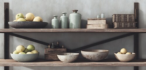 Living room shelf decorated with bowls of fruits rustic look