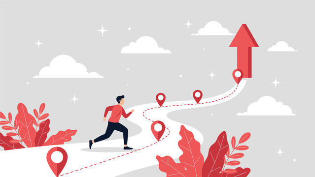 Man running along a dotted path with location pins, heading towards an upward arrow, symbolizing a career path and goal achievement.