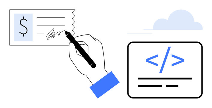 Financial operations, coding, software development, cloud computing, fintech, business transactions. A hand signing a check near a coding interface and cloud. Financial operations and coding