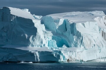 Massive iceberg with blue ice formations floating in dark ocean waters under a cloudy sky