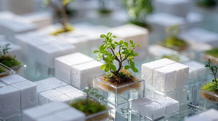 Miniature trees in cube planters atop abstract white foam blocks