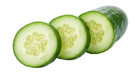 Sliced cucumbers arranged in a row showcasing fresh produce on transparent background