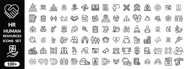 Fototapeta premium Set of outline icons related to HR, Human Resources, Recruitment, Employment, business, office, company, management. Linear icon collection. Editable stroke. Human Resources big icon set design .