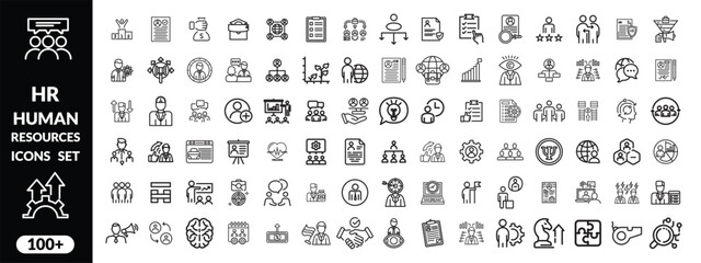 Set of   outline icons related to HR, Human Resources, Recruitment, Employment, business, office, company, management. Linear icon collection. Editable stroke. Human Resources big icon set design .