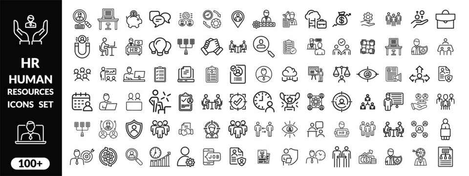 Set of   outline icons related to HR, Human Resources, Recruitment, Employment, business, office, company, management. Linear icon collection. Editable stroke. Human Resources big icon set design .