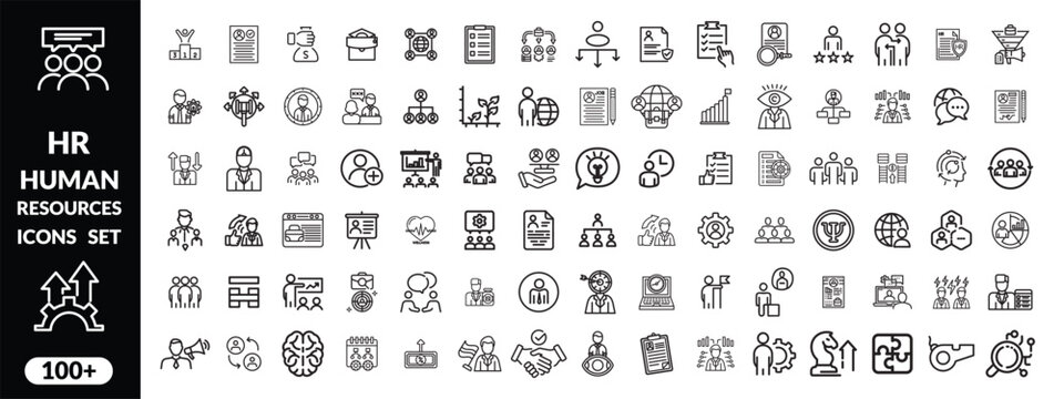 Set of   outline icons related to HR, Human Resources, Recruitment, Employment, business, office, company, management. Linear icon collection. Editable stroke. Human Resources big icon set design .