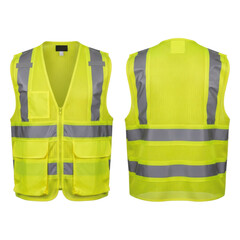 Two yellow safety vests with reflective strips on transparent background