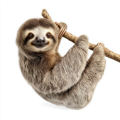 Naklejka premium AI-generated image - A cute three-toed sloth with a friendly smile, hanging from a tree branch. This high-resolution image, isolated on a clean white background