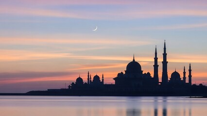 Silhouette of a mosque at sunset reflecting on the water, serene and peaceful.