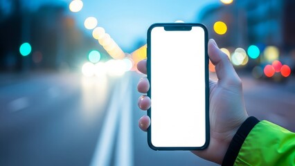 Close up of a person's hand holding a smartphone with a blank white screen in the foreground with a blurred background of city lights at night