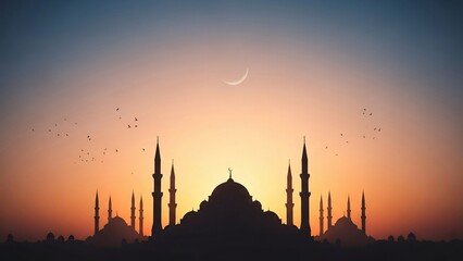 Silhouette of a mosque at sunset with a crescent moon in the sky, peaceful atmosphere.