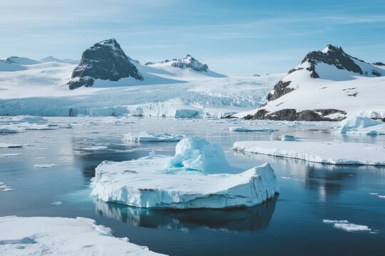 Glacial landscape with floating icebergs in calm waters surrounded by snow-covered mountains under a clear blue sky - Powered by Adobe