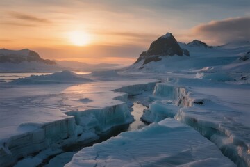 Sunset over icy glacier landscape with snow-covered mountains and meltwater channels