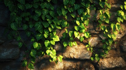 green ivy climbing on rustic stone wall illuminated by soft sunlight in tranquil setting generative ai