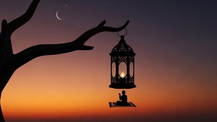 Silhouette of a person praying under a lantern during sunset, Ramadan concept.