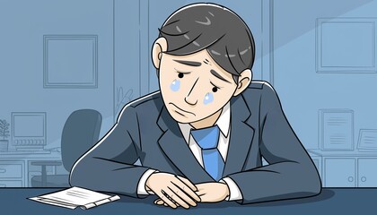 泣くビジネスパーソン。泣いているスーツを着た男性ビジネスパーソン