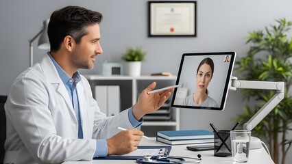 Fototapeta premium Doctor consulting patient remotely on digital platform with tablet