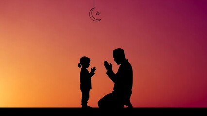 Silhouette of Father and Child Praying Together Under Crescent Moon at Sunset.