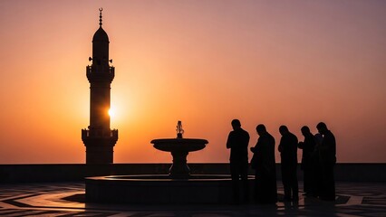 Silhouette of People Praying Near Mosque at Sunset - Spiritual Scene.