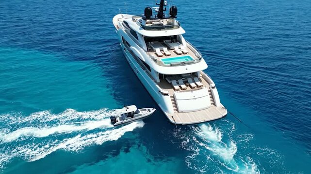 Large white yacht with a tender boat cruising through clear turquoise water