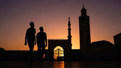 Silhouetted Figures Admiring the Architectural Beauty of a Mosque at Sunset.