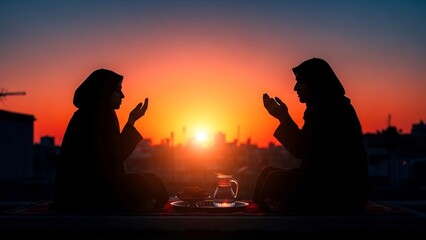 Silhouetted figures of two women praying during a beautiful sunset, spiritual devotion.