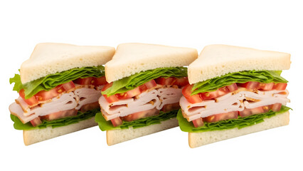 Turkey and tomato sandwiches with lettuce on white bread, isolated on white or transparent background. PNG
