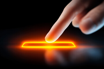 Finger tapping a glowing orange virtual button on a dark screen, modern touch interface concept for activation and secure access in apps, devices and digital services, copy space.