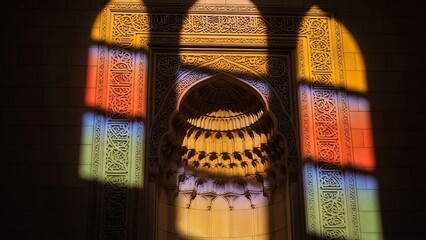 Stained Glass Window Illuminating Colorful Light Patterns in a Dark Room.