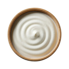 Creamy swirl of yogurt in a wooden bowl on transparent background