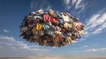 dynamic heap of secondhand clothing billowing in wind under blue sky great concept for textile recycling thrift and eco awareness