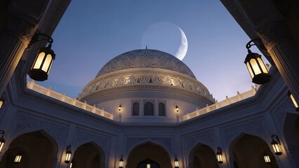 Stunning architectural view of a mosque with a crescent moon in the night sky.