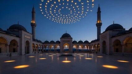 Stunning Nighttime View of a Beautiful Mosque with Illuminated Lights and Architecture.