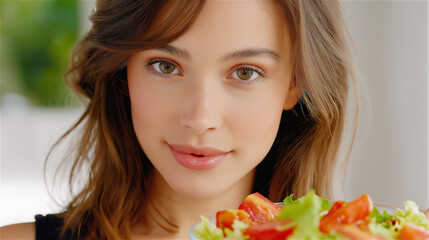 Fototapeta premium Close portrait of a young woman holding a fresh salad bowl and looking at camera, healthy eating concept for nutrition, wellness lifestyle, balanced diet and self care.
