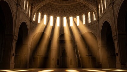 Sunlight Streaming Through Windows Illuminates the Interior of a Historic Building.
