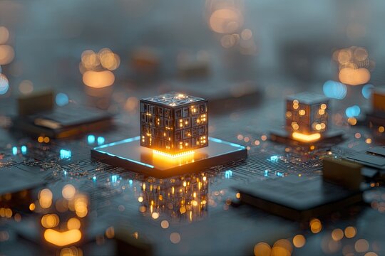Futuristic digital circuit with a glowing cube at the center - Powered by Adobe