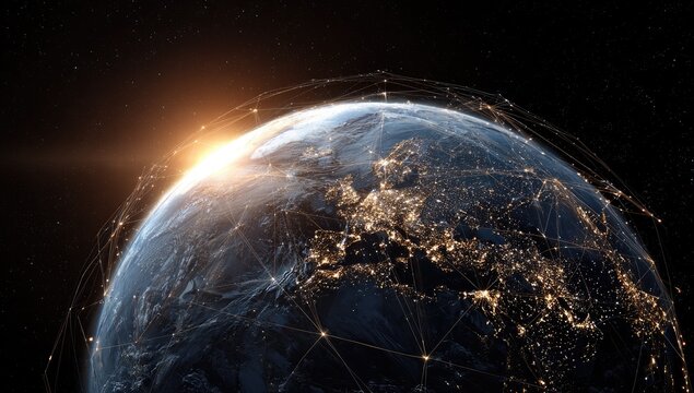 Illuminated planet with glowing network grid and bright sunburst