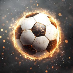 Fototapeta premium Dynamic soccer ball engulfed in bright fiery energy, against a dark backdrop.