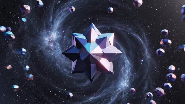 Dynamic abstract video of chaotic low-poly geometric shards breaking apart and reforming against a deep void pattern background conceptual, futuristic, modern