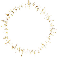 Obraz premium Golden serpentine ribbons frame. Confetti round banner. Luxury streamers decoration for anniversary, Christmas and New Year card. Fun explosion for sale design, wedding invitation. Vector illustration